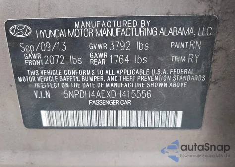 2013 Hyundai Elantra Limited из США, поврежденный, VIN 5NPDH4AEXDH415556